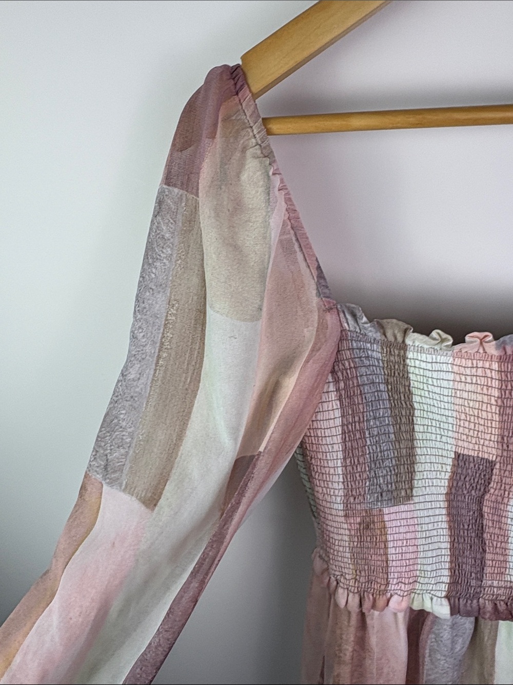 Aritzia Smocked Patchwork Mini Dress — Mauve & Blush Tones size S - Picture 5 of 14